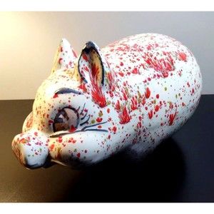 Piggy Bank Vintage Pig Art Pottery Red Brown Speckled Blue Details Glazed